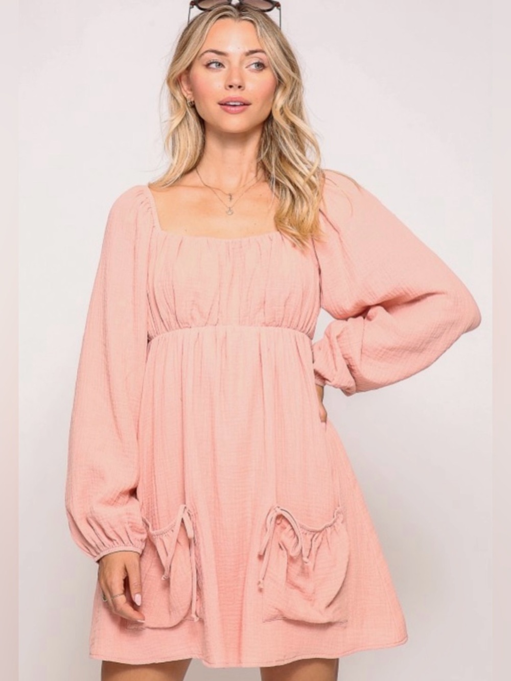 Women's Blush Pink Babydoll Dress - Soft Long Sleeve - Picture 3 of 5